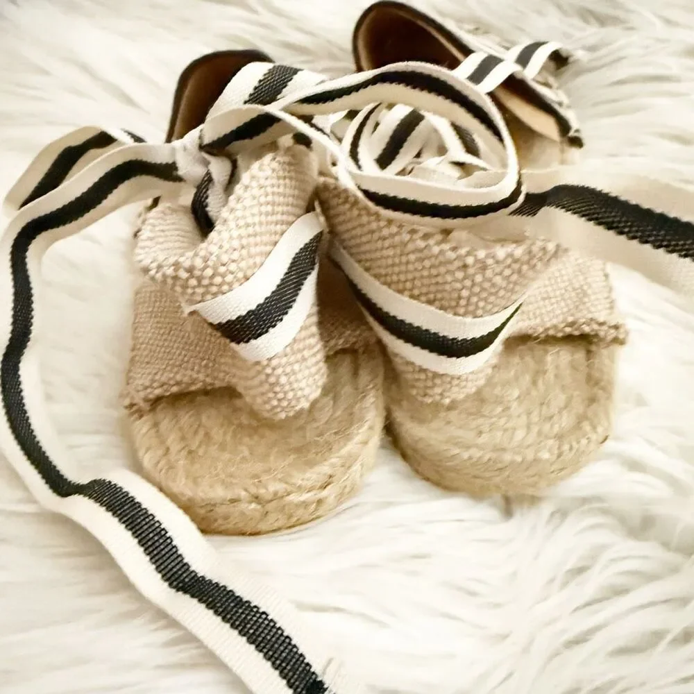 SOLUDOS | Striped Lace Up Canvas Espadrilles Flats Navy Natural Cream | Size 7
